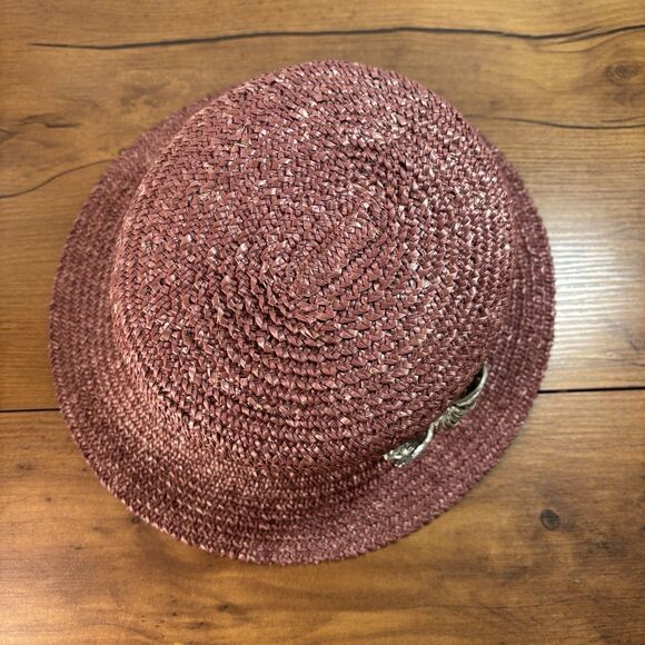 Eric Javits Woven Straw Cloche Bucket Hat Burgundy w Metallic Feather Brooch USA main image 4
